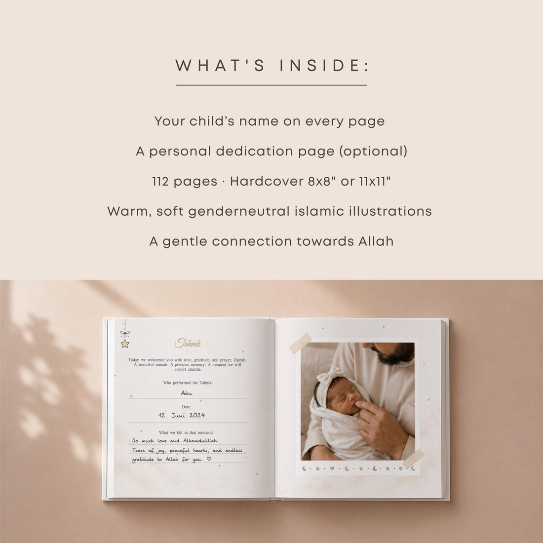 Personalized Islamic Baby Book | 112 Pages XXL Muslim First Year Baby Book | Islam Baby Favor | Aqiqah Memory Gift