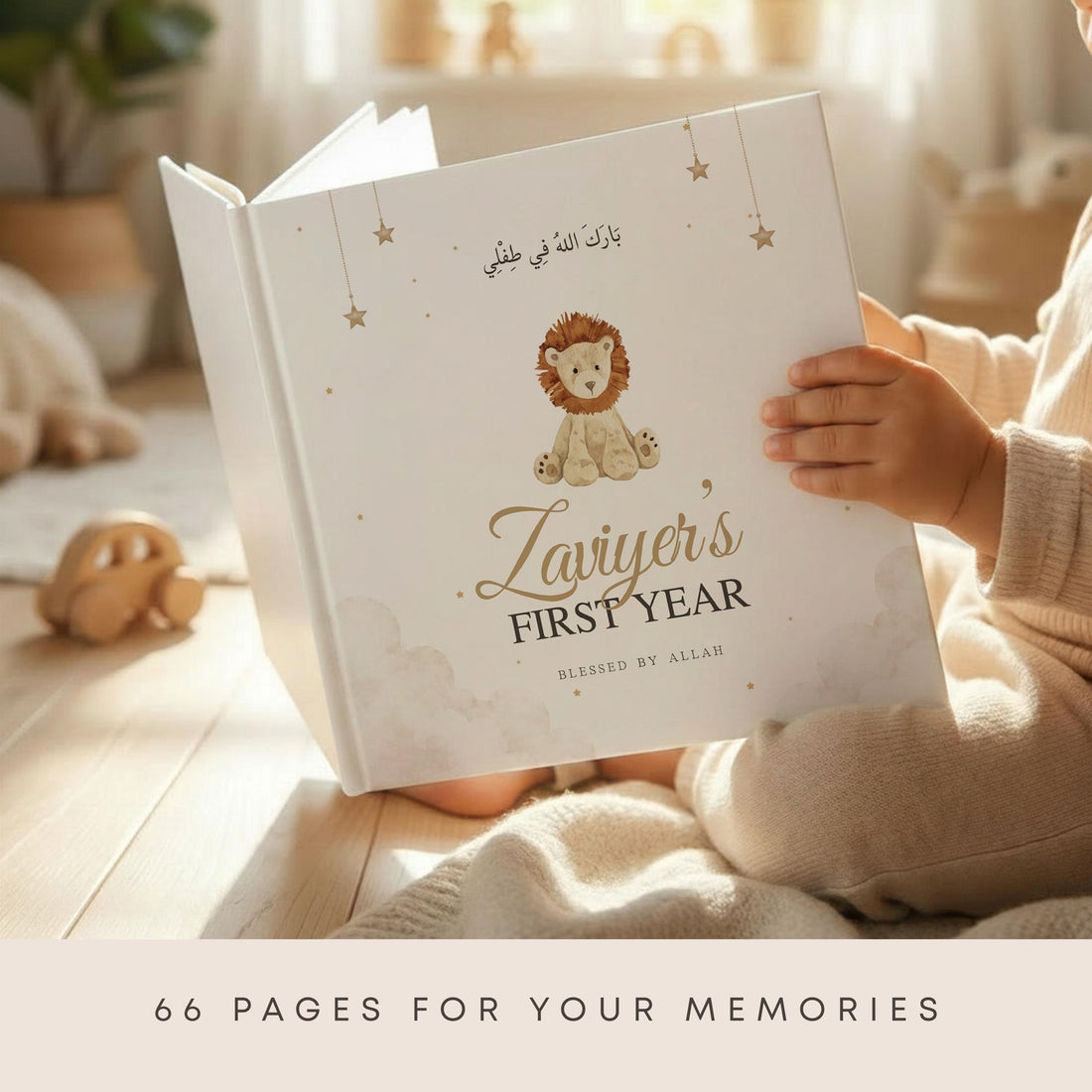 Islamic Baby Memory Book Personalized - Lion Muslim Baby Keepsake Hardcover, First Birthday Milestone Book for Baby Boy | Eid Gift