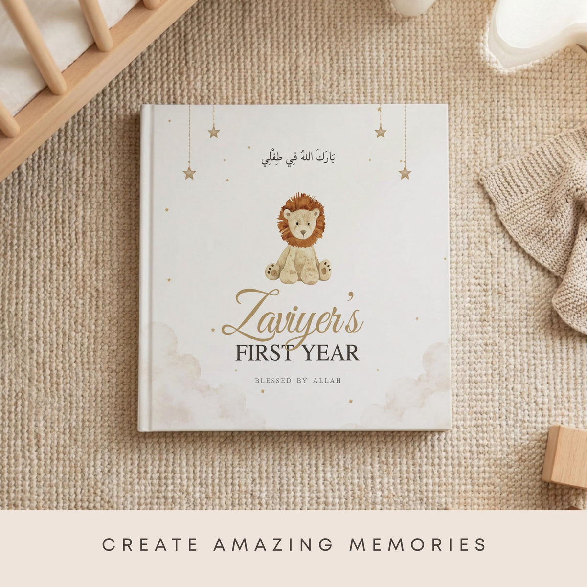 Islamic Baby Memory Book Personalized - Lion Muslim Baby Keepsake Hardcover, First Birthday Milestone Book for Baby Boy | Eid Gift