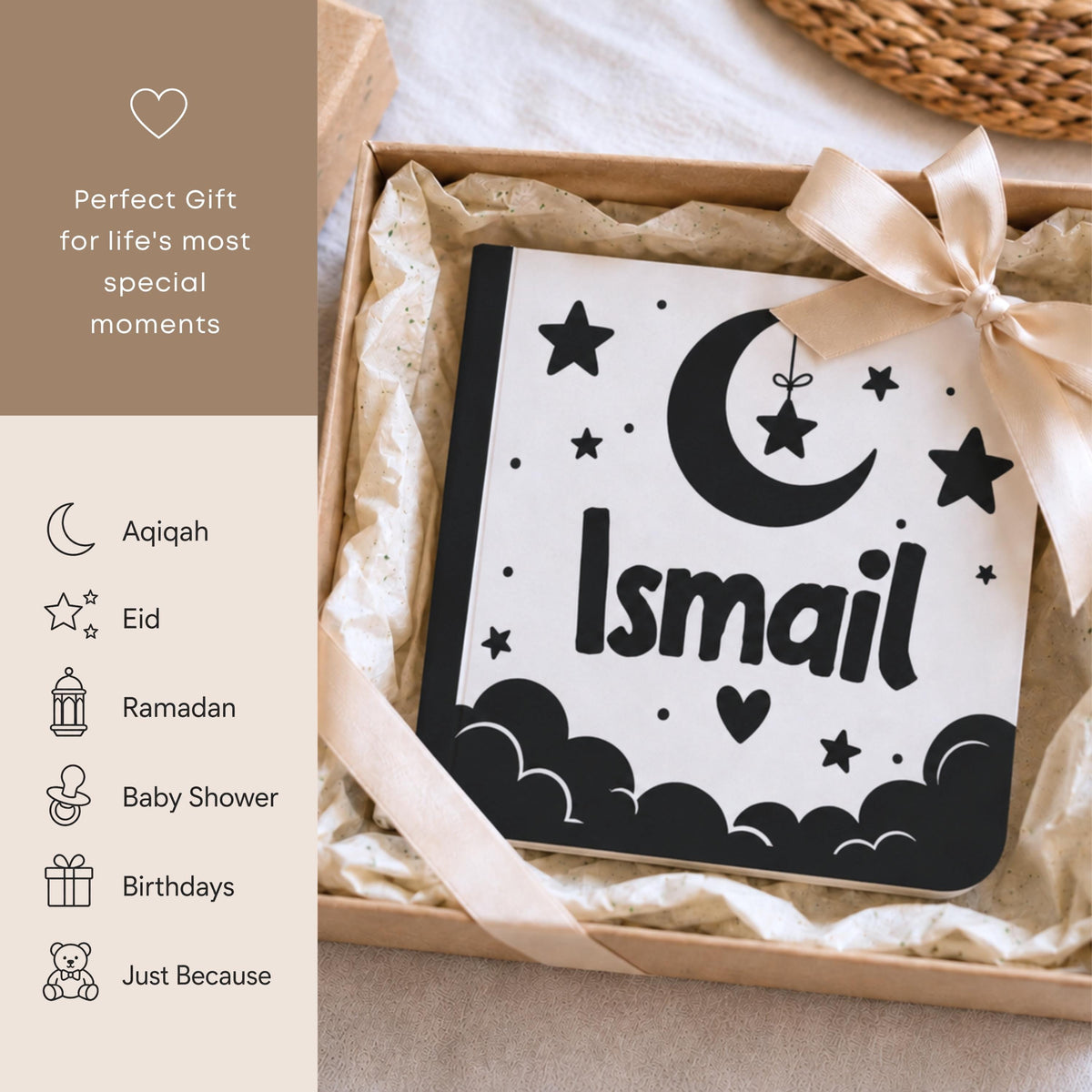 Personalized islamic Baby Gift - black and white Newborn High-Contrast Book | Newborn Visual Stimulation | Muslim Baby Favor