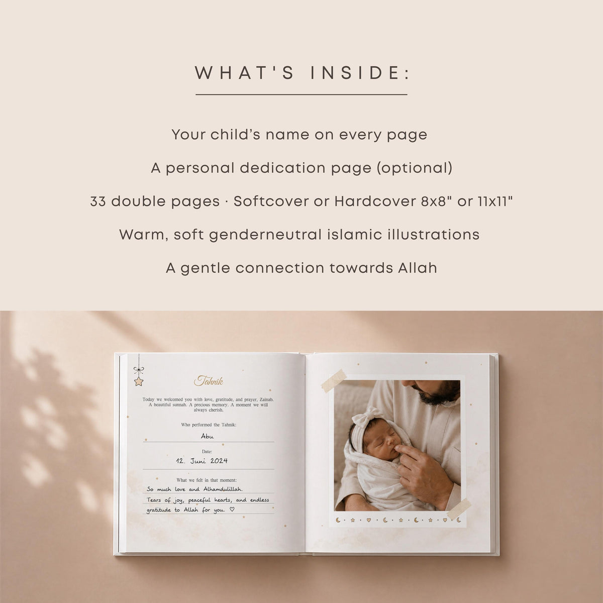 Personalized Islamic Baby Memory Book - First Year Milestones, Muslim Keepsake Gift