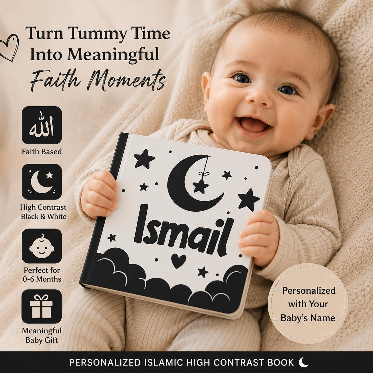 Personalized islamic Baby Gift - black and white Newborn High-Contrast Book | Newborn Visual Stimulation | Muslim Baby Favor