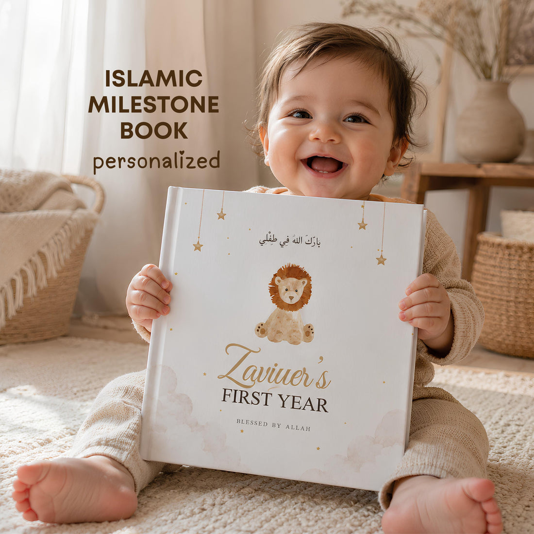 Islamic Baby Memory Book Personalized - Lion Muslim Baby Keepsake Hardcover, First Birthday Milestone Book for Baby Boy | Eid Gift