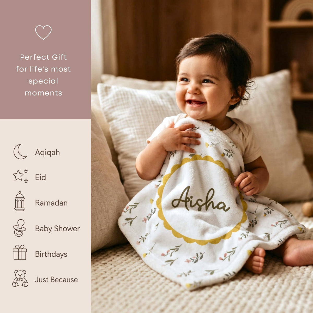 personalized Aqiqah Keepsake | custom islamic baby name blanket | Unique Gift for Newborn muslim baby